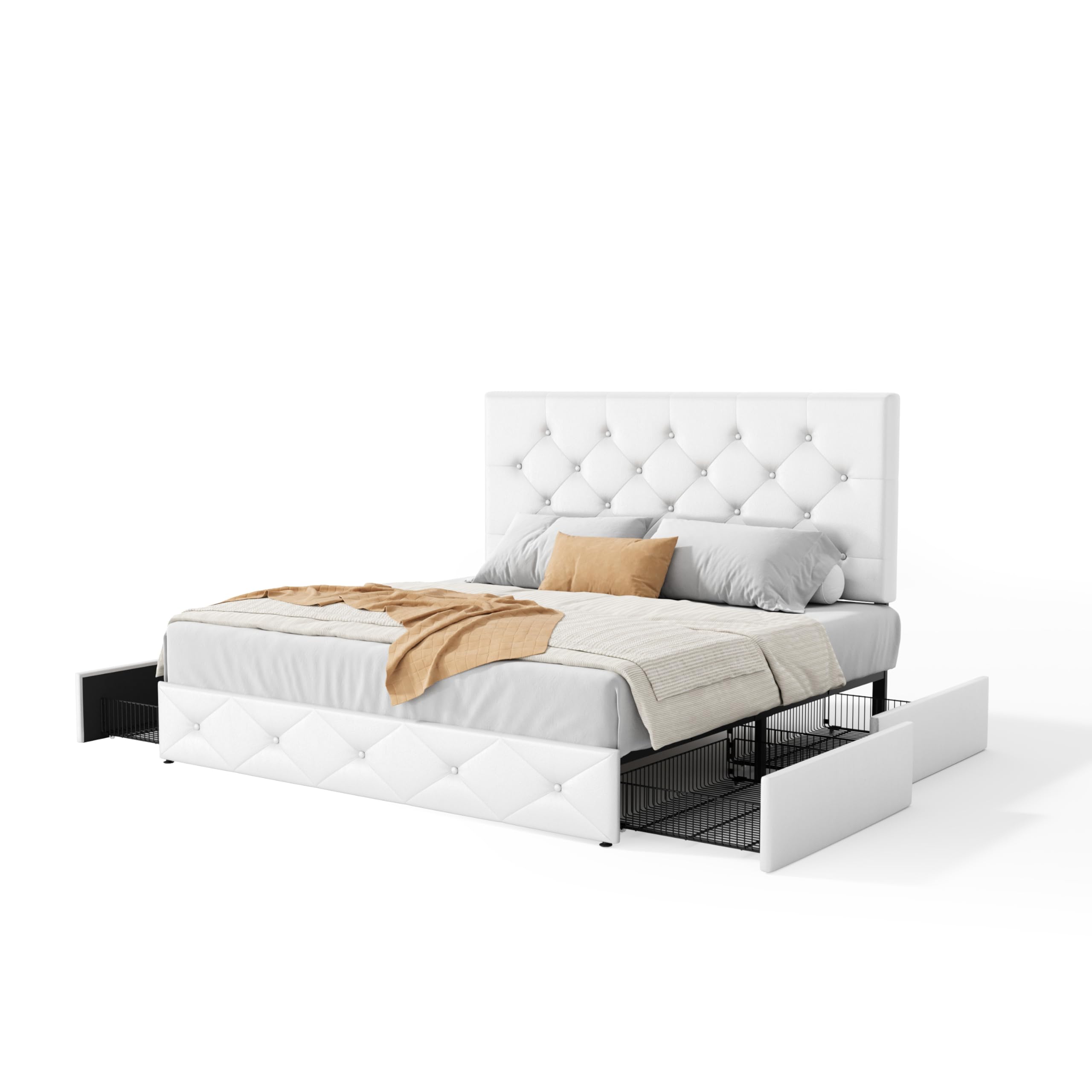 SHA CERLIN Upholstered Queen Platform Storage Bed Frame with 4 Drawers, Adjustable Headboard with Faux Leather Diamond Button Tufted Design, Wooden Slat Support, No Box Spring Needed, White