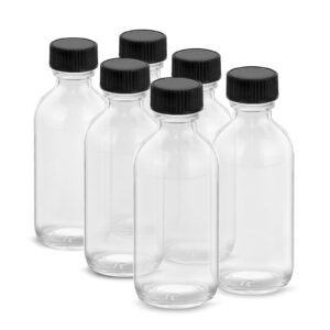 rionisor 2oz small glass bottles with lids and funnels, 60ml boston round glass bottles, perfect for diy essential oils, perfumes, whiskey and juices, 6 pack clear