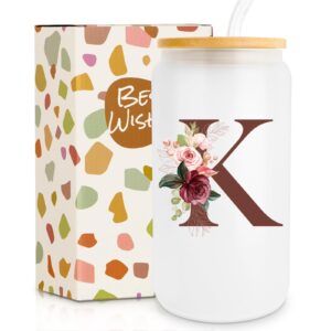 birthday gifts for women, personalized gifts for women, monogrammed initial glass cup - 16oz glass cups with lids and straws, iced coffee cup, beer can shaped glass - personalized christmas gifts k