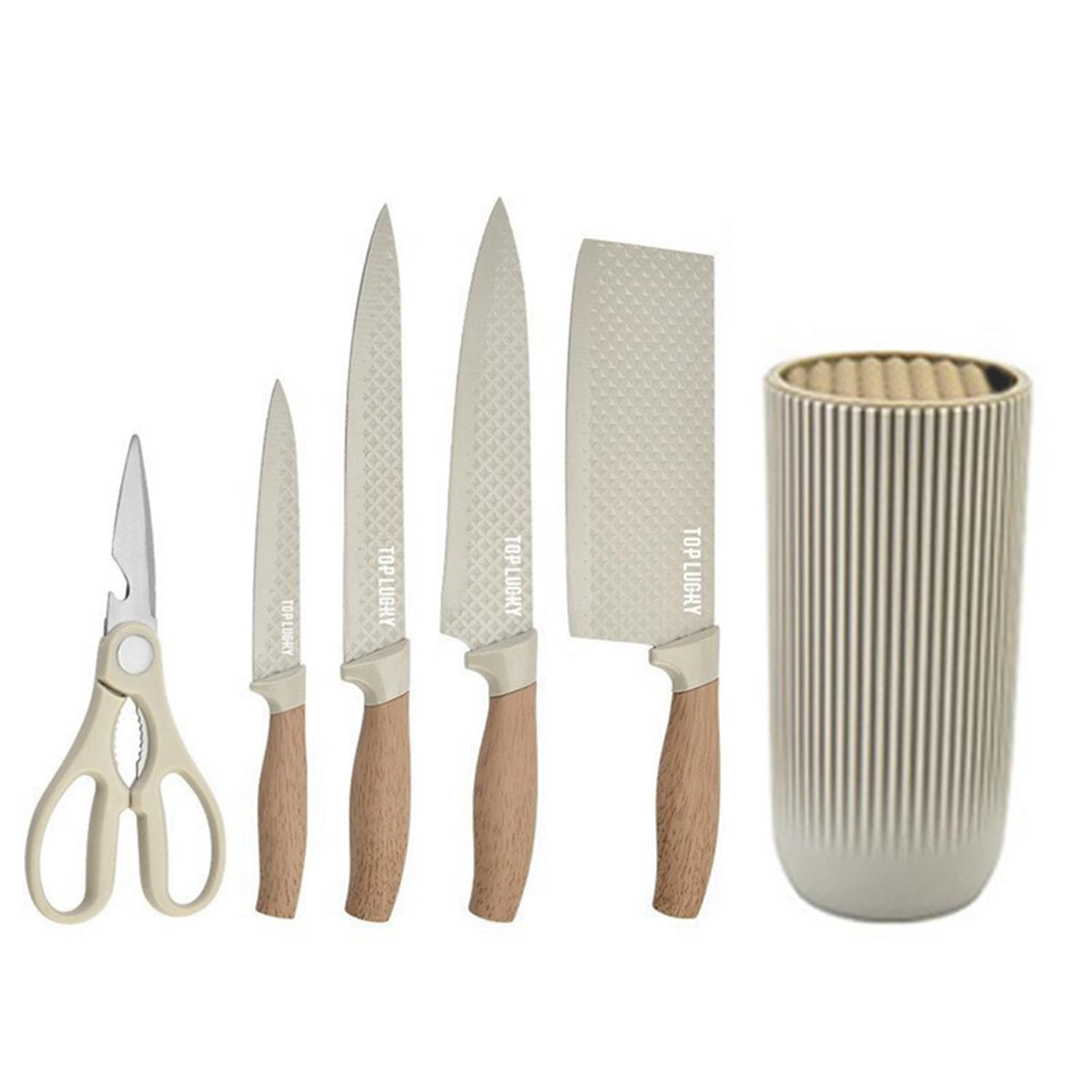 Kitchen Knife Set, 6-Pieces Luxury Wooden Coating Knife Set, Light Wood Grain Handle, Stainless Steel Non-Stick Sharp Blade Chef Knife Set with Cylindrical Knife Block for Gift