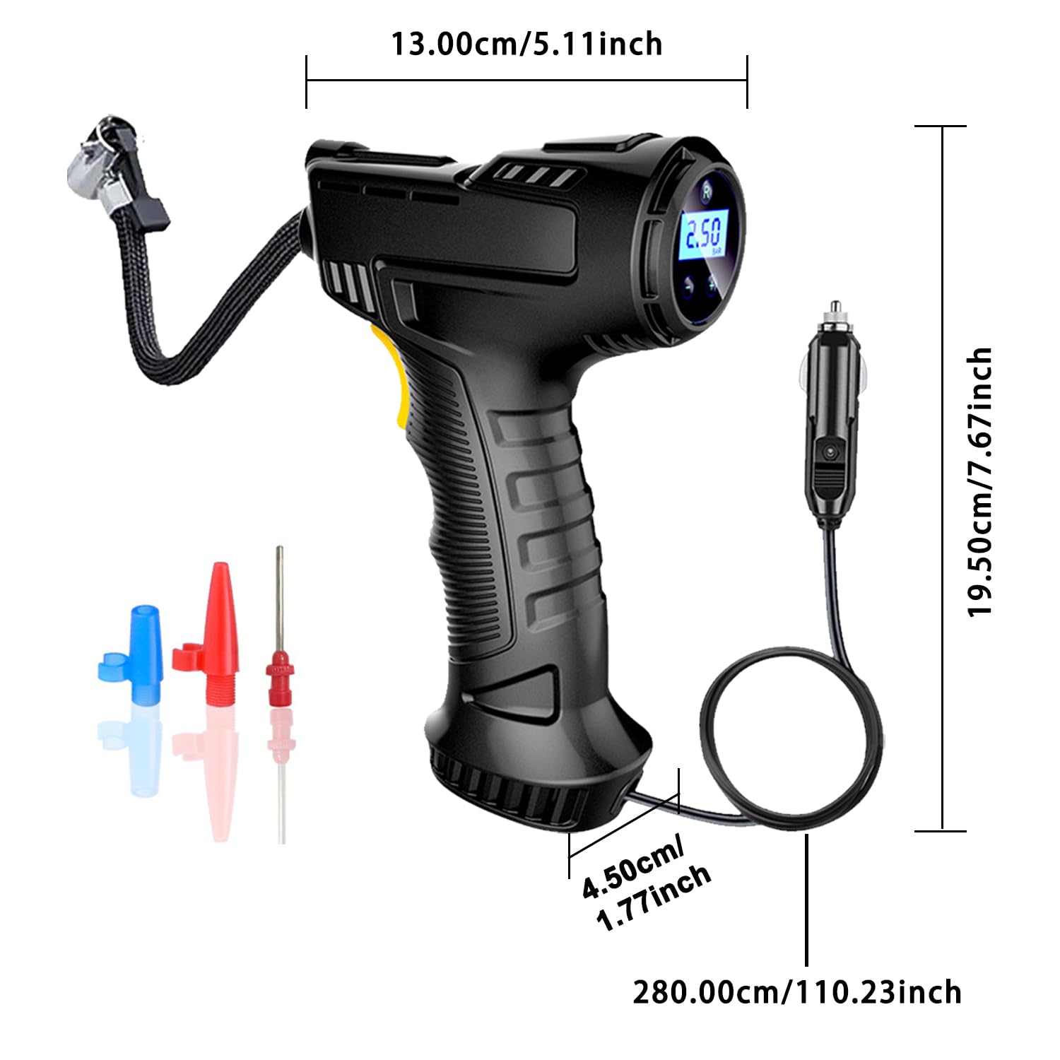 Car Tire Inflator Portable Air Compressor Corded Cigarette Lighter Plug, 7.4V Power 120W Car Air Pump with Digital Display, LED Lights, for Cars