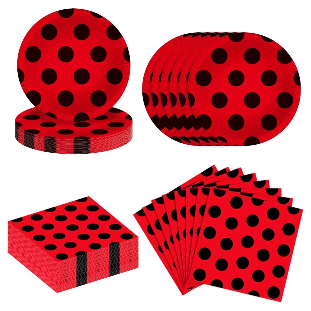 Lousuip 80PCS Ladybug Party Supplies Ladybug Paper Plates and Napkins Party Tableware for Girls Birthday Babyshower Party Decorations