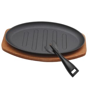 Cast Iron Steak Plate Sizzle Griddle, Round Shape Grill Fajita Server Plate, with Wooden Base Steak Pan, Household use or Restaurant Supply (12" Diameter)