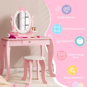 KOTEK 2-in-1 Kids Vanity with Detachable Top & 360° Rotating Mirror, Little Girls Vanity Set with Mirror, Stool and Drawer, Pink Princess Dressing Table & Chairs, Makeup Vanity Desk for Toddler 3-7