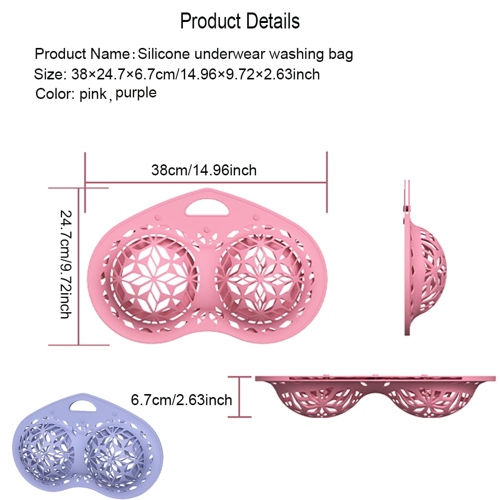 Cjeuxnr 2pcs Bra Washing Bag Silicone Mesh Underwear Laundry Bags,Bra Laundry Bag Fits A-C Cup Bras,Anti Deformation Lingerie Bag for Washer/Dryer Machines (Pink+Purple)