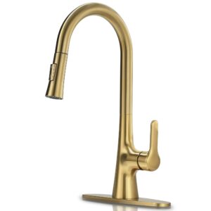 fropo brushed gold kitchen faucet, single handle gold kitchen sink faucet with pull down sprayer modern stainless steel brass kitchen faucet with deck plate power clean spray head 1 or 3 hole