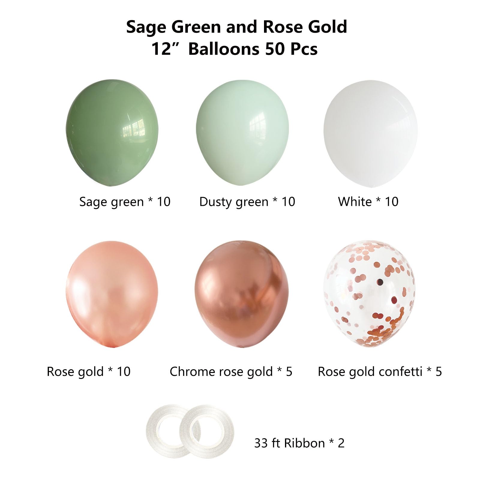 ANSOMO Sage Green and Rose Gold Latex Balloons 12 Inch 50 Pcs Party Decorations Matte White Pink Spring Chrome Confetti Balloons Wedding Birthday Bridal Baby Shower Graduation Décor Supplies