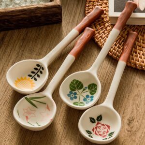 FYUEROPA Ceramic Soup Spoons Set Asian Spoons Chinese Japanese Tablespoon for Ramen Pho Wonton Dumplings Miso - Set of 4