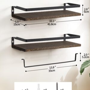 Afuly Bathroom Shelves for Wall, Floating Shelf Bathroom Over Toilet, Wall Mounted Shelves with Towel Bar Rack, Industrial Modern Home Decor Dark Brown