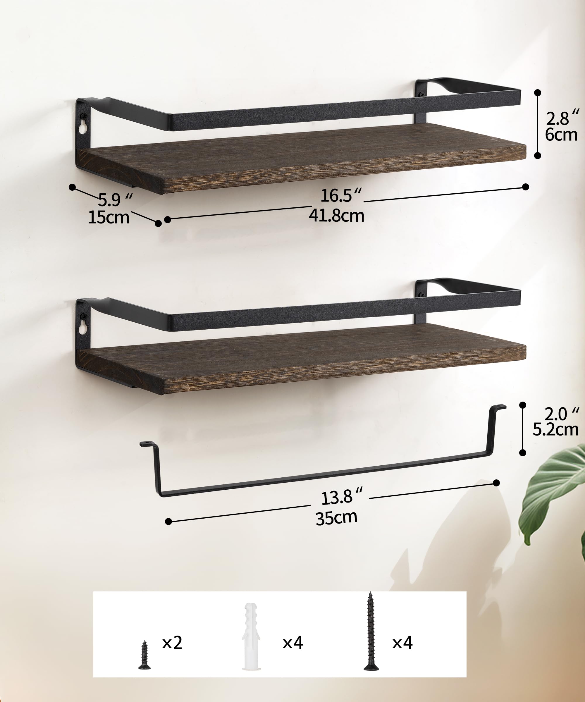 Afuly Bathroom Shelves for Wall, Floating Shelf Bathroom Over Toilet, Wall Mounted Shelves with Towel Bar Rack, Industrial Modern Home Decor Dark Brown