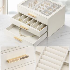 Vlando Jewelry Box for Women, Glass Lid Jewelry Organizer with 3 Drawers for Necklaces Rings Earrings Bracelets Christmas Gift - White