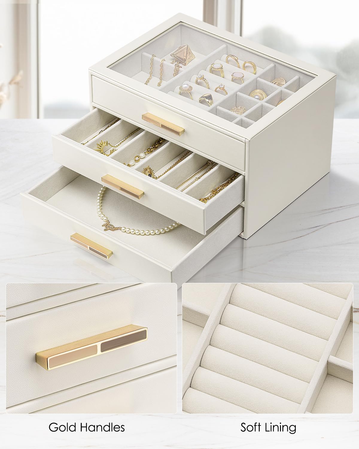 Vlando Jewelry Box for Women, Glass Lid Jewelry Organizer with 3 Drawers for Necklaces Rings Earrings Bracelets Christmas Gift - White