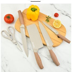 Kitchen Knife Set, 6-Pieces Luxury Wooden Coating Knife Set, Light Wood Grain Handle, Stainless Steel Non-Stick Sharp Blade Chef Knife Set with Cylindrical Knife Block for Gift