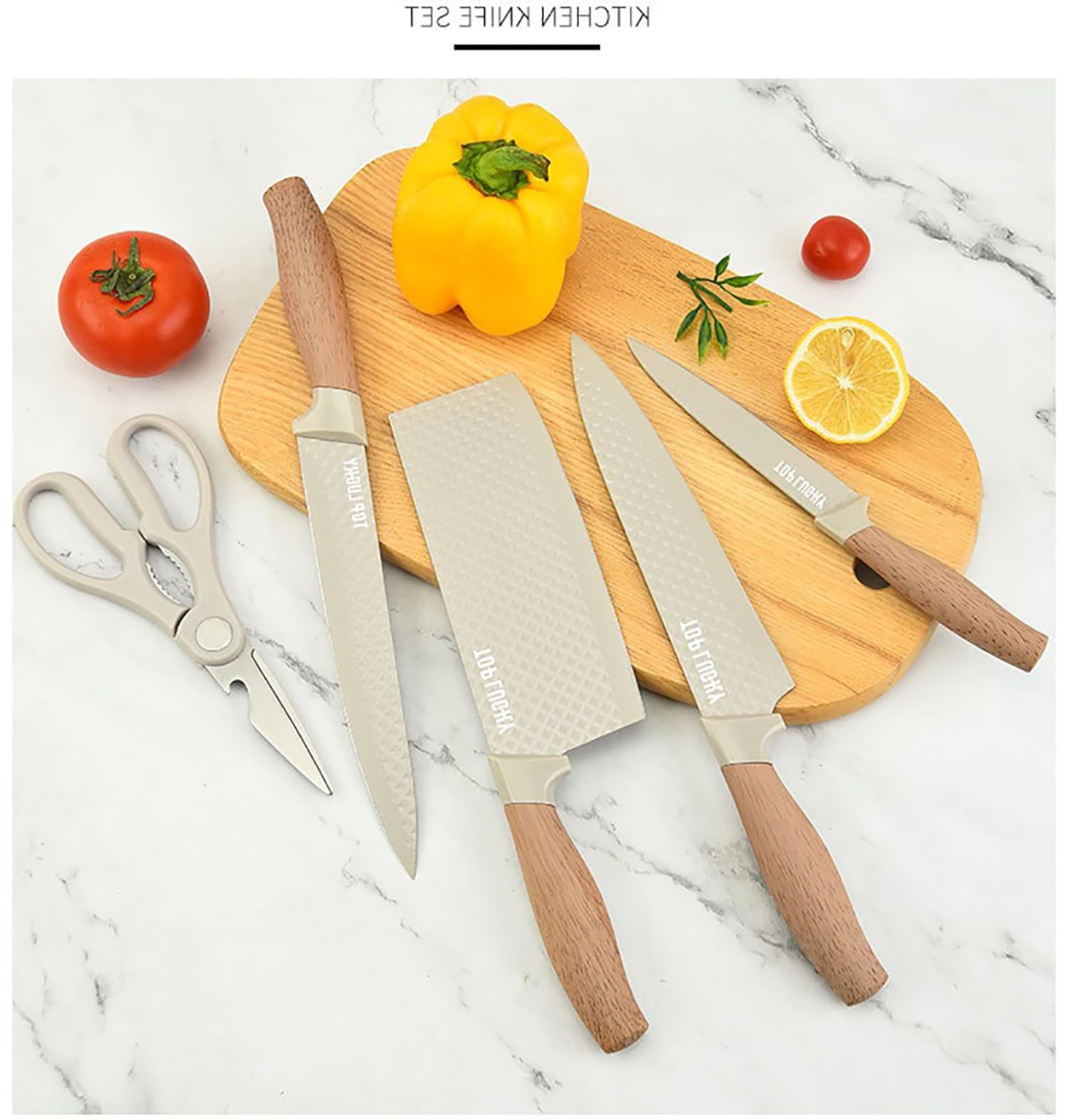 Kitchen Knife Set, 6-Pieces Luxury Wooden Coating Knife Set, Light Wood Grain Handle, Stainless Steel Non-Stick Sharp Blade Chef Knife Set with Cylindrical Knife Block for Gift