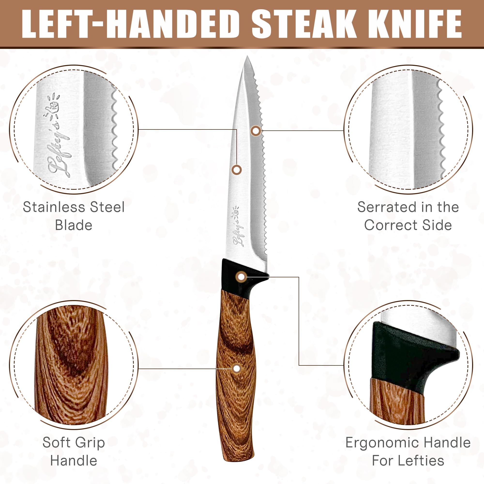 Lefty’s Left Handed Steak Knife - Stainless Steel Durable Blade - Extra Sharp - Great for Cutting, General Purpose, Kitchen items - Gifts for Left-Handed People, Lefty, Adults, Chef, Man and Women