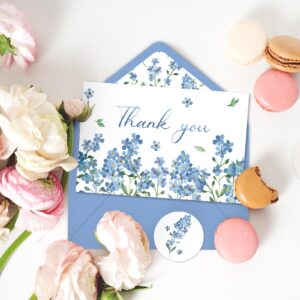 Whaline 24 Pack Watercolor Floral Thank You Cards Bulk Forget-Me-Not Myosotis Sylvatica Flower Greeting Cards with Envelope Sticker Blank Note Cards for Wedding Baby Shower Bridal Birthday Party