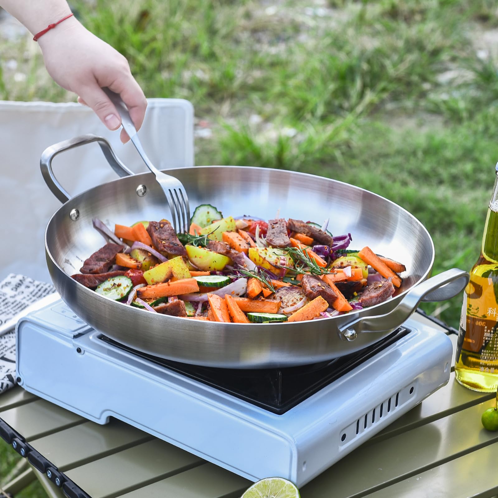 Inqibee Tri-Ply Stainless Steel Paella Pan with Lid,Large Skillet,Omelet Pan,Griddle,Jumbo Cooker,Induction Pan,Dishwasher and Oven Safe. (14 Inch)