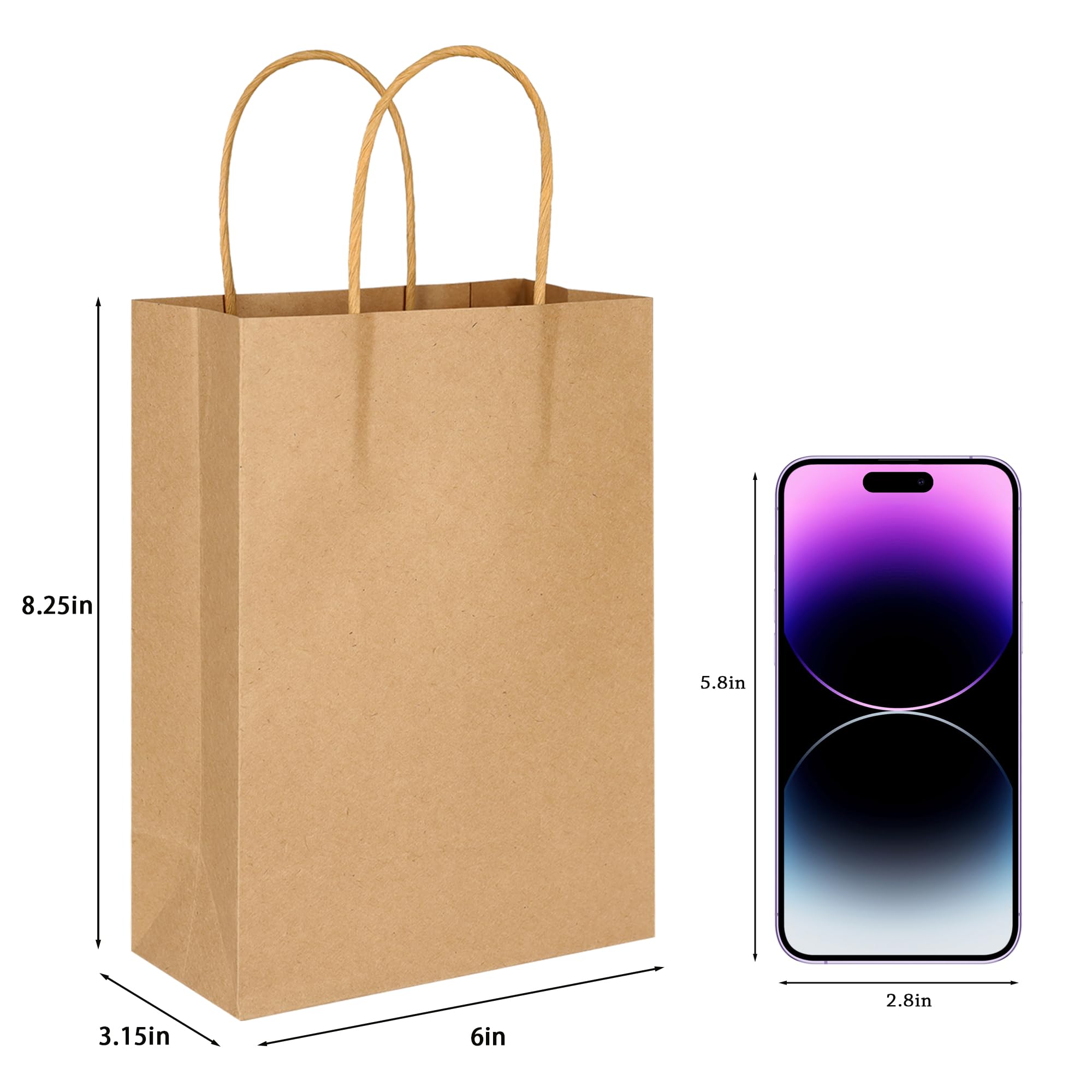 GITMIWS 200 Pack Small Brown Gift Bags, 6''x3.15''x8.25'' Small Kraft Paper Bags with Handles, Grocery Retail Craft Paper Bags for Small Business, Birthday Party Favors, Merchandise