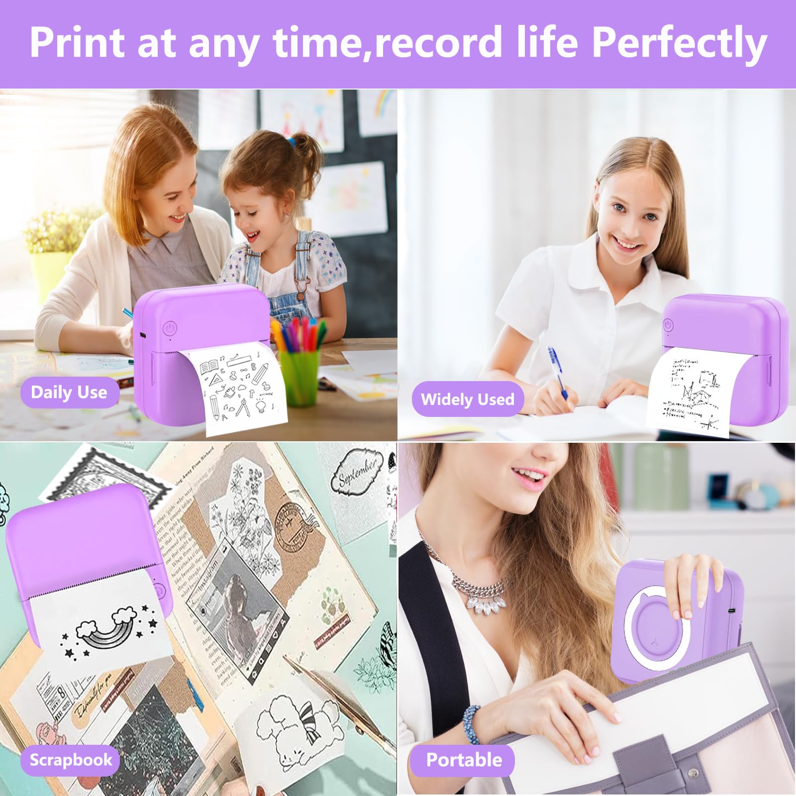 PRINHSJI Mini Printer with 11 Rolls Sticker Paper, Portable Sticker Printer Efficiently and Quickly, Mini Thermal Printer for Study Notes, Pictures,Photos, DIY, Children's Gift and Travel Label