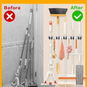 2 Pack Broom Holder Wall Mount with 13" Heavy-duty Storage Strap Bundle - 5 Racks and 4 Hooks Broom Hanger Wall Mount, Mop and Broom Holder Wall Mount, Self Adhesive, Heavy Duty, Stainless Steel