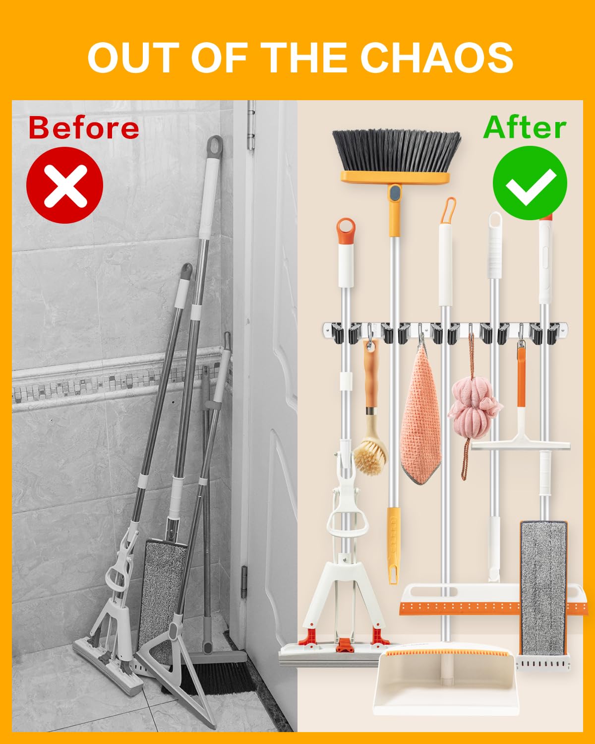 2 Pack Broom Holder Wall Mount with 13" Heavy-duty Storage Strap Bundle - 5 Racks and 4 Hooks Broom Hanger Wall Mount, Mop and Broom Holder Wall Mount, Self Adhesive, Heavy Duty, Stainless Steel