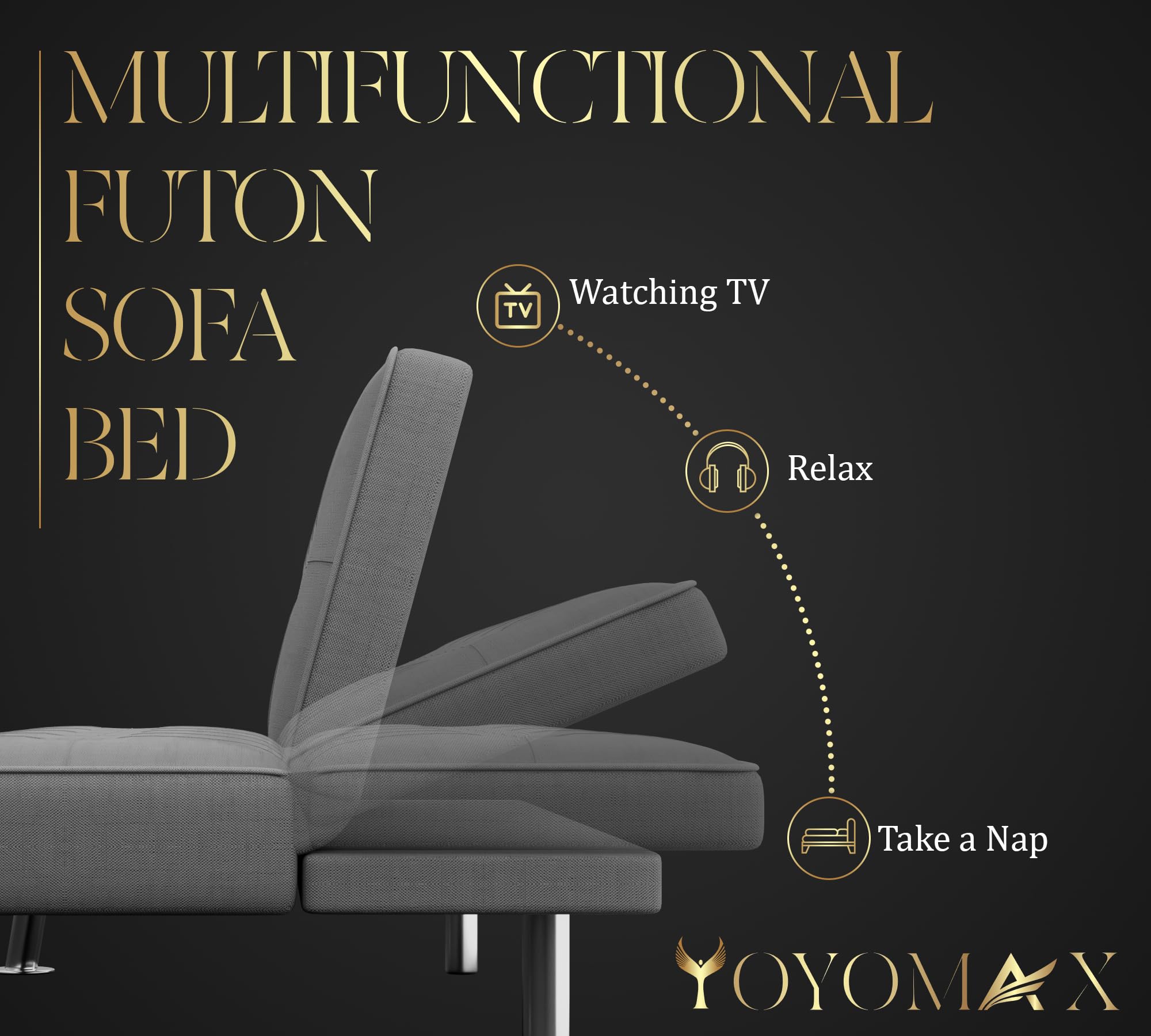 yoyomax Futon Sofa Bed, Adjustable Modern Convertible Sofa Bed Couch - Breathable Fabric Folding Sofa Bed Easy to Clean-Ideal for Bedroom, Living Room and Office-Compact Design for Spacing Saving-Grey