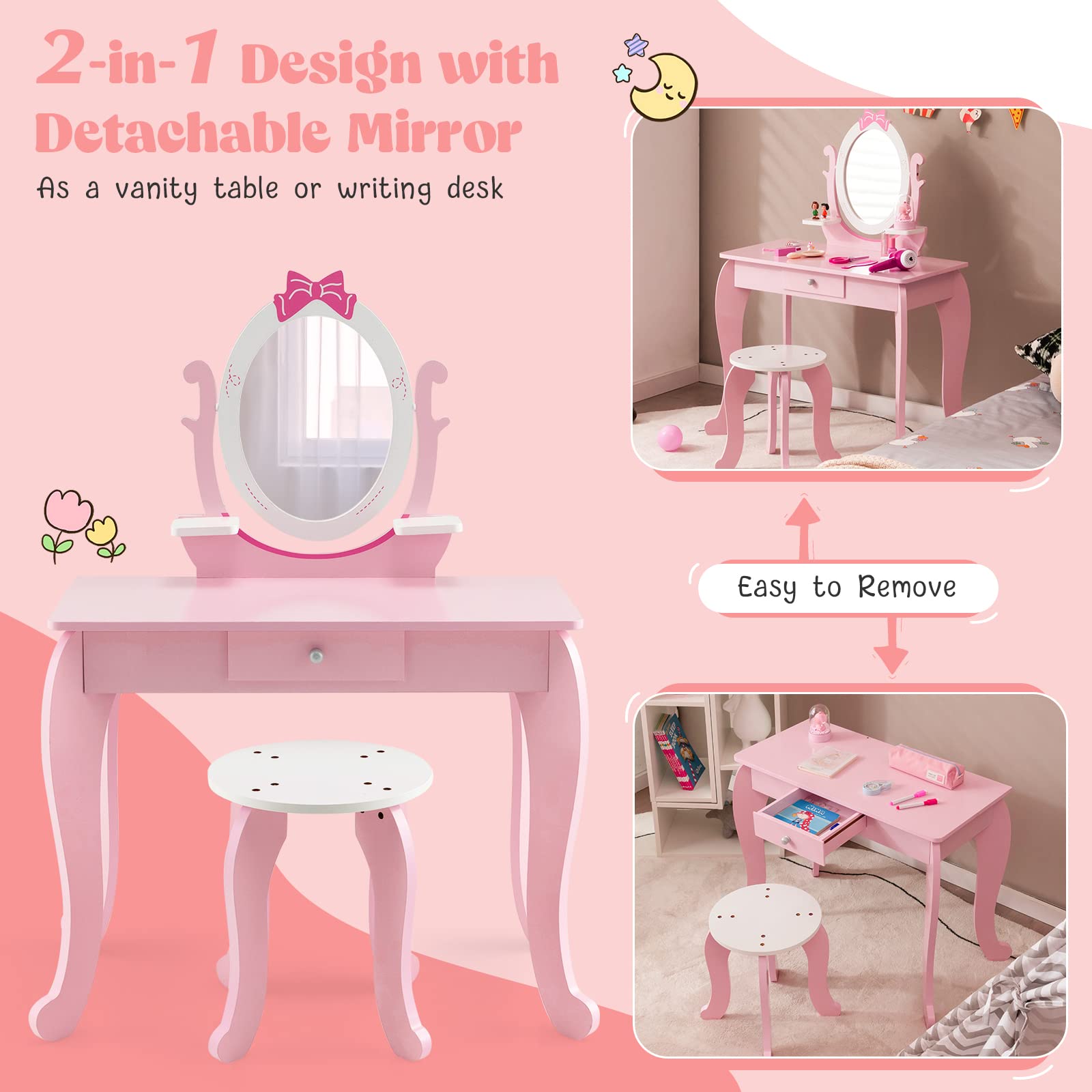 KOTEK 2-in-1 Kids Vanity with Detachable Top & 360° Rotating Mirror, Little Girls Vanity Set with Mirror, Stool and Drawer, Pink Princess Dressing Table & Chairs, Makeup Vanity Desk for Toddler 3-7