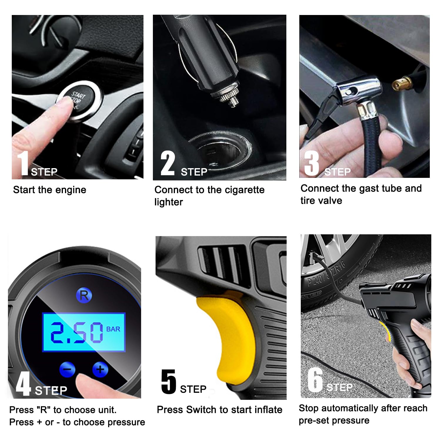 Car Tire Inflator Portable Air Compressor Corded Cigarette Lighter Plug, 7.4V Power 120W Car Air Pump with Digital Display, LED Lights, for Cars