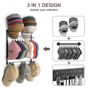 HYDERMUS Hat Rack for 45 Baseball Caps with 10 Clips 3 Tier Hat Organizer for Wall Multi-functional Hat Hanger Metal Hat Holder at Closet Bedroom Entryway Gift for Men Boy Teen