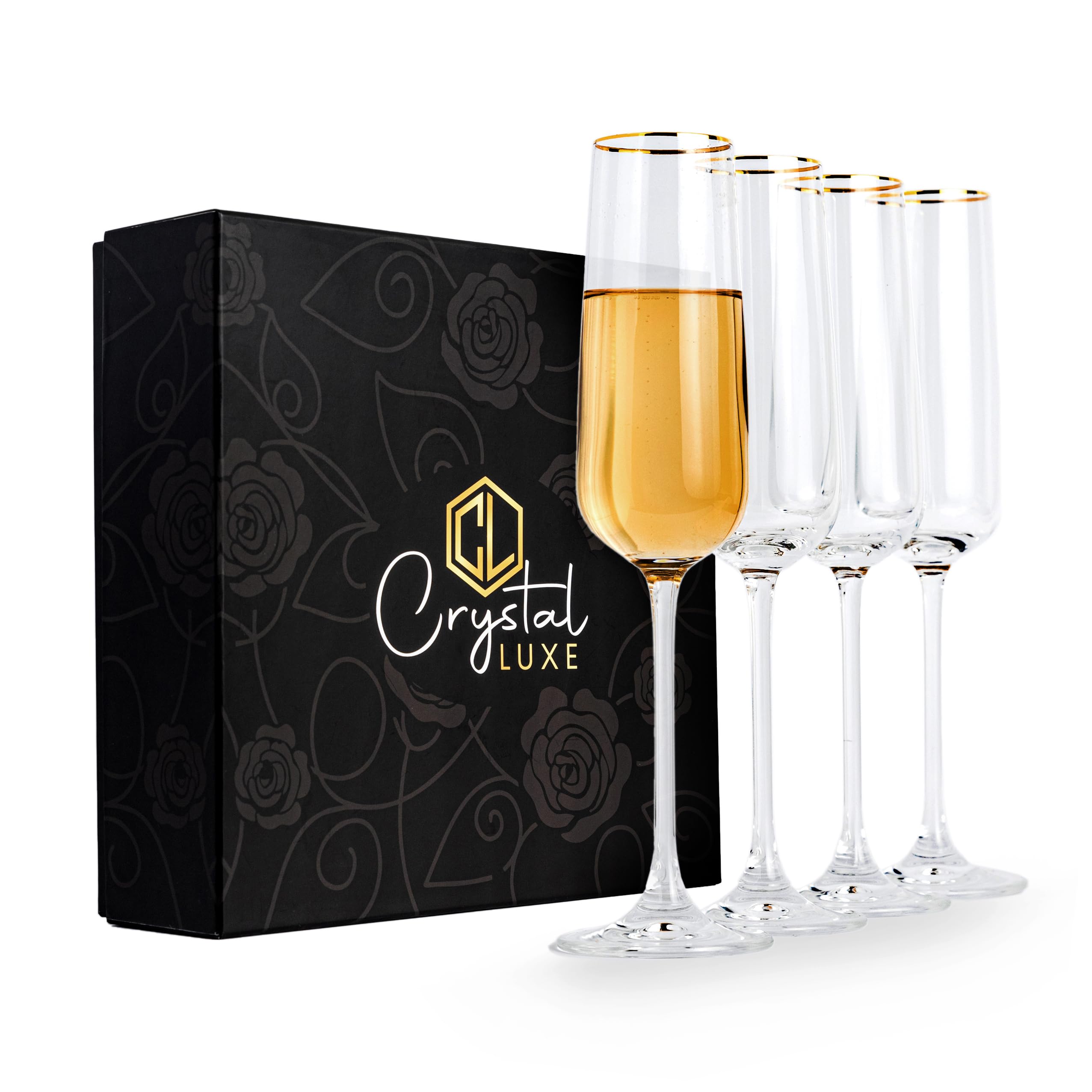 The 7th Beryl CRYSTAL LUXE Champagne Flutes, 24k Gold Champagne Glasses Set of 4, Hand blown Crystal Champagne Flutes Glass,Mimosa glasses, Gifts for Wedding, Anniversary, Women, Men, Birthday