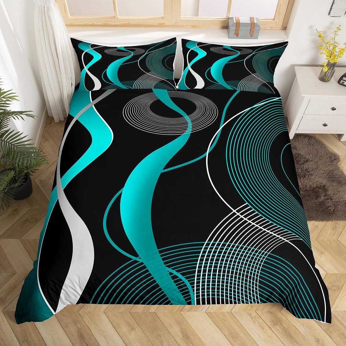 Erosebridal Geometric Duvet Cover Queen, Teal Black White Bedding Set for Kids Teens, Geometry Stripe Line Comforter Cover, Modern Art Swirl Waves Quilt Cover Abstract Circle Retro Bedroom Decor