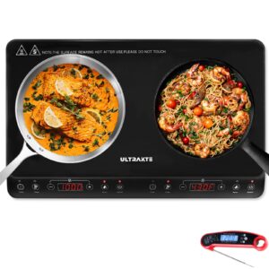 double induction cooktop, ultrakte portable dual induction burner with sensor touch, 1800w induction cooktop 2 burner, electric countertop cooker with 10 temp & power levels, 8-hour timer, safety lock