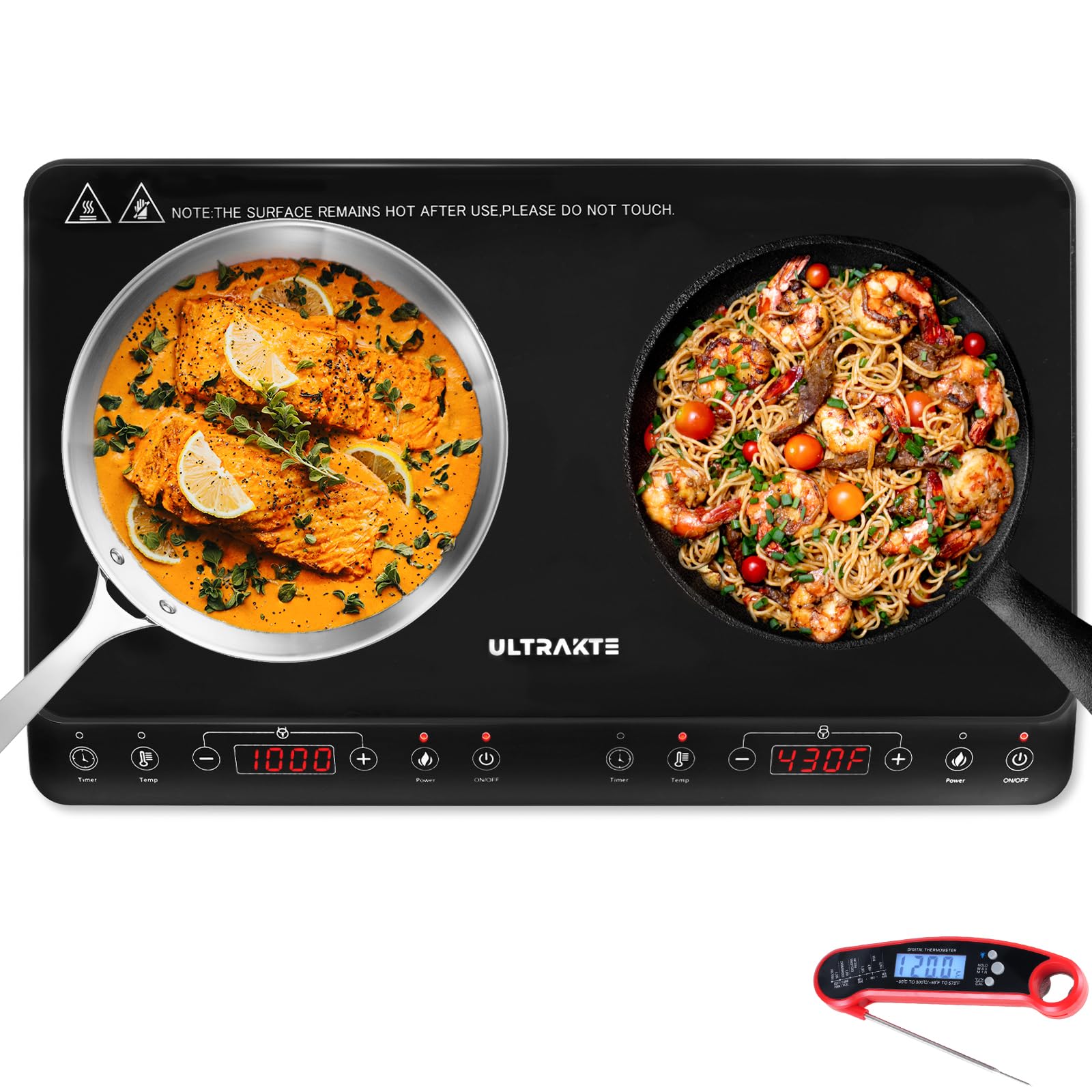 Double Induction Cooktop, ULTRAKTE Portable Dual Induction Burner with Sensor Touch, 1800W Induction Cooktop 2 Burner, Electric Countertop Cooker with 10 Temp & Power Levels, 8-Hour Timer, Safety Lock