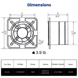 Fanspex 8" Exhaust Fan for Kitchen, Wall Mount Household Ventilation Fans for Workshop Attic Garage Greenhouse Barn, 45W Low Consumption, High Velocity 1020 m³/h Air-volume