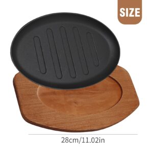 Cast Iron Steak Plate Sizzle Griddle, Round Shape Grill Fajita Server Plate, with Wooden Base Steak Pan, Household use or Restaurant Supply (12" Diameter)