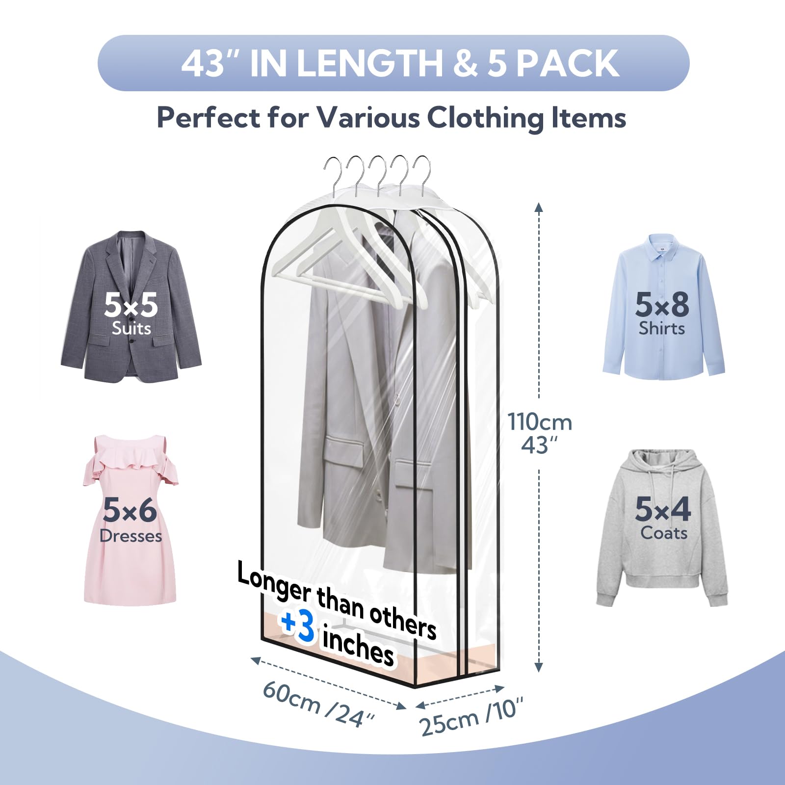 SNOWLYCNY 43" Clear Garment Bags Hanging Clothes Bag Cover for Closet Storage Travel 10''Garment Cover for Suits, Clothes, Shirts, Coats, Dress - 43"x 24" x 10"/ 5 Pack