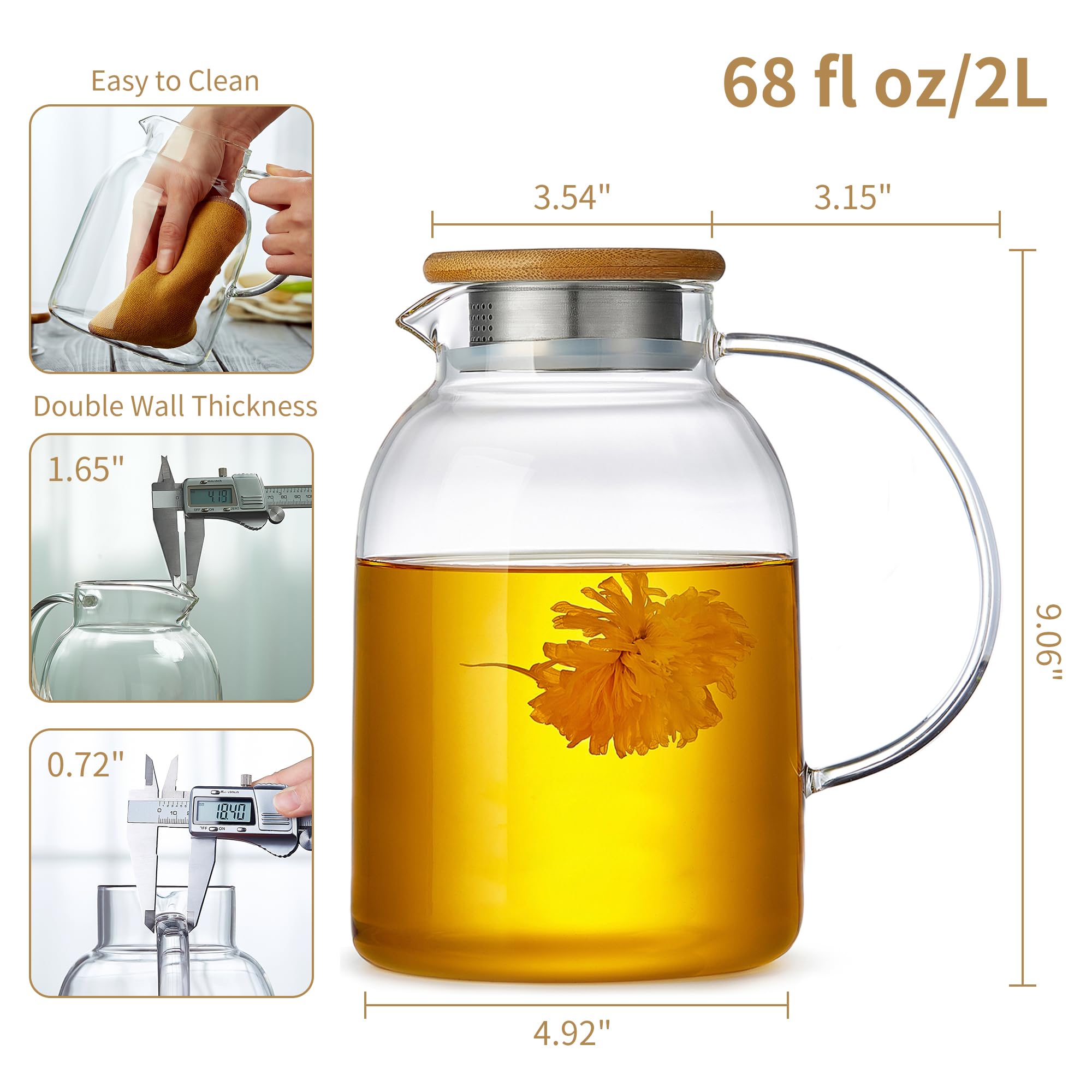 Large Glass Teapot with Infuser, Stovetop Safe, Thickened Heat Resistant Borosilicate Glass, 68 fl oz Glass Tea Kettle with Bamboo Lid