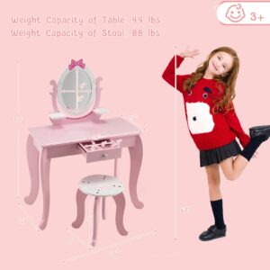 KOTEK 2-in-1 Kids Vanity with Detachable Top & 360° Rotating Mirror, Little Girls Vanity Set with Mirror, Stool and Drawer, Pink Princess Dressing Table & Chairs, Makeup Vanity Desk for Toddler 3-7