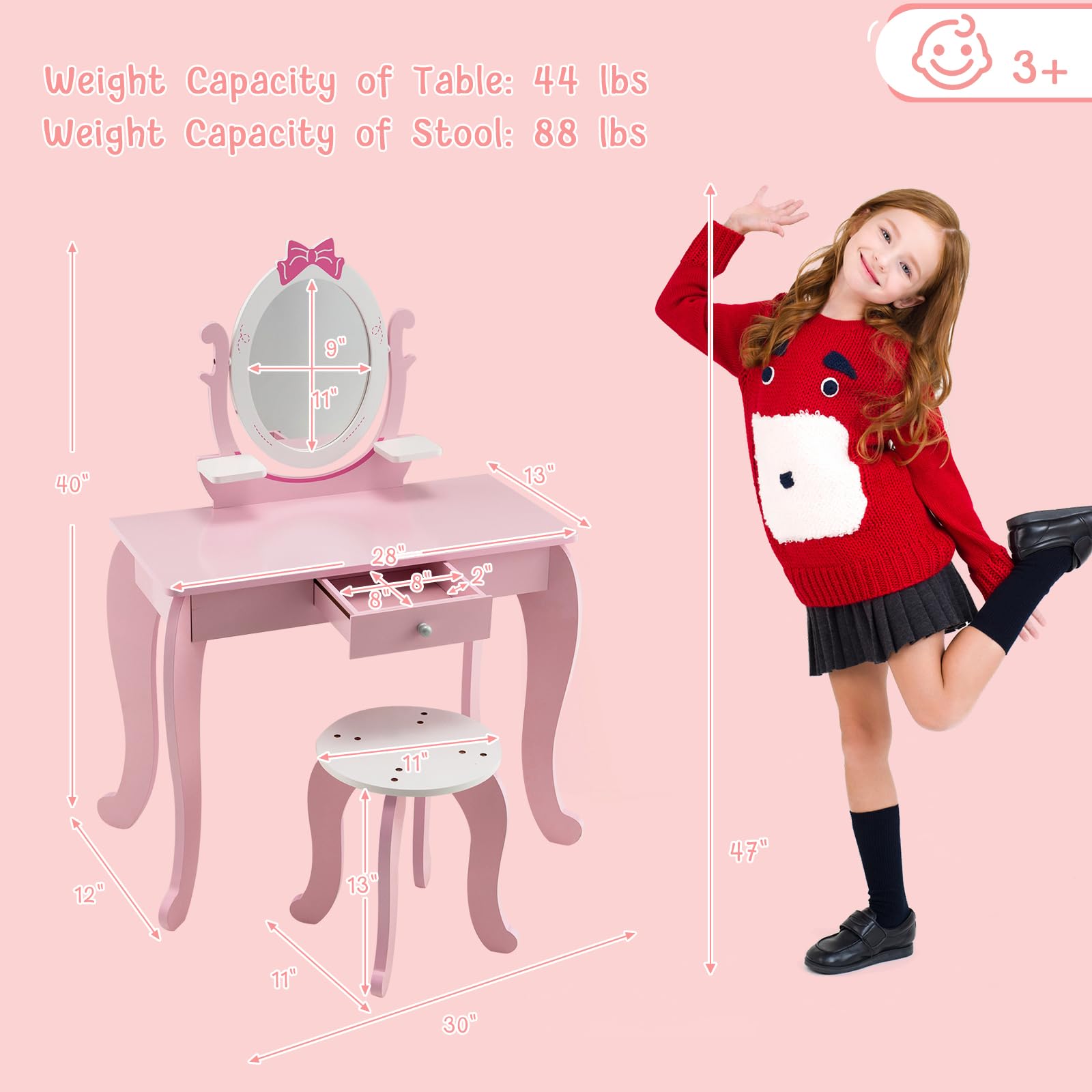 KOTEK 2-in-1 Kids Vanity with Detachable Top & 360° Rotating Mirror, Little Girls Vanity Set with Mirror, Stool and Drawer, Pink Princess Dressing Table & Chairs, Makeup Vanity Desk for Toddler 3-7