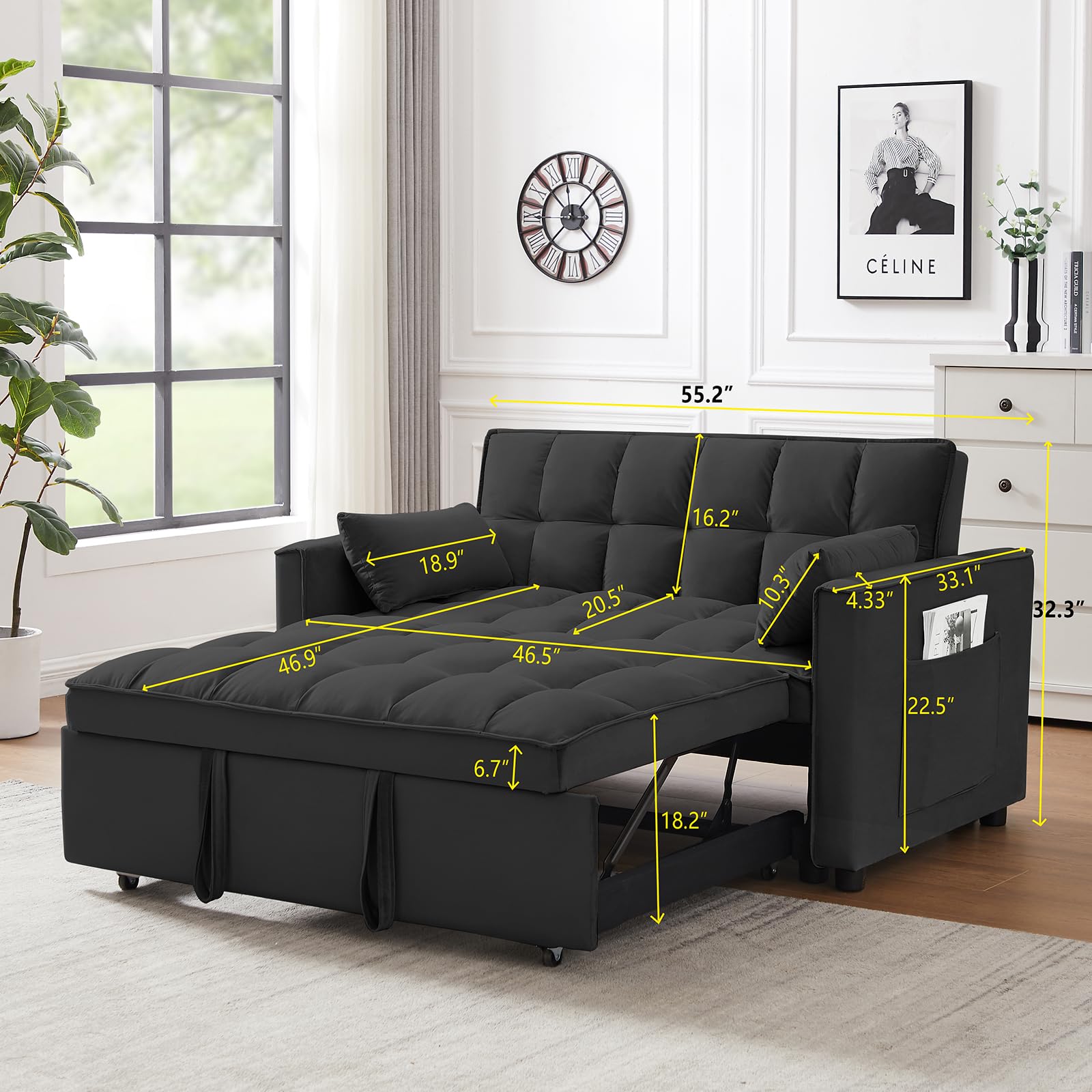 Luoyisimall Convertible Sleeper Sofa Bed，Multi Function 3 in 1 Futon Upholstered Couch w/Toss Pillows, Storage Pockets and Pull Out Bed for Living Room，Bedroom,Small Space（Velvet Black）