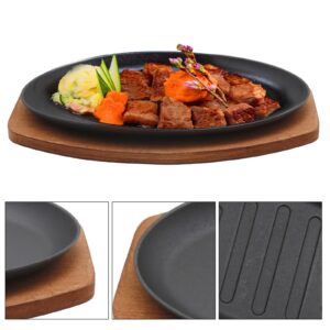 Cast Iron Steak Plate Sizzle Griddle, Round Shape Grill Fajita Server Plate, with Wooden Base Steak Pan, Household use or Restaurant Supply (12" Diameter)