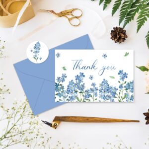 Whaline 24 Pack Watercolor Floral Thank You Cards Bulk Forget-Me-Not Myosotis Sylvatica Flower Greeting Cards with Envelope Sticker Blank Note Cards for Wedding Baby Shower Bridal Birthday Party