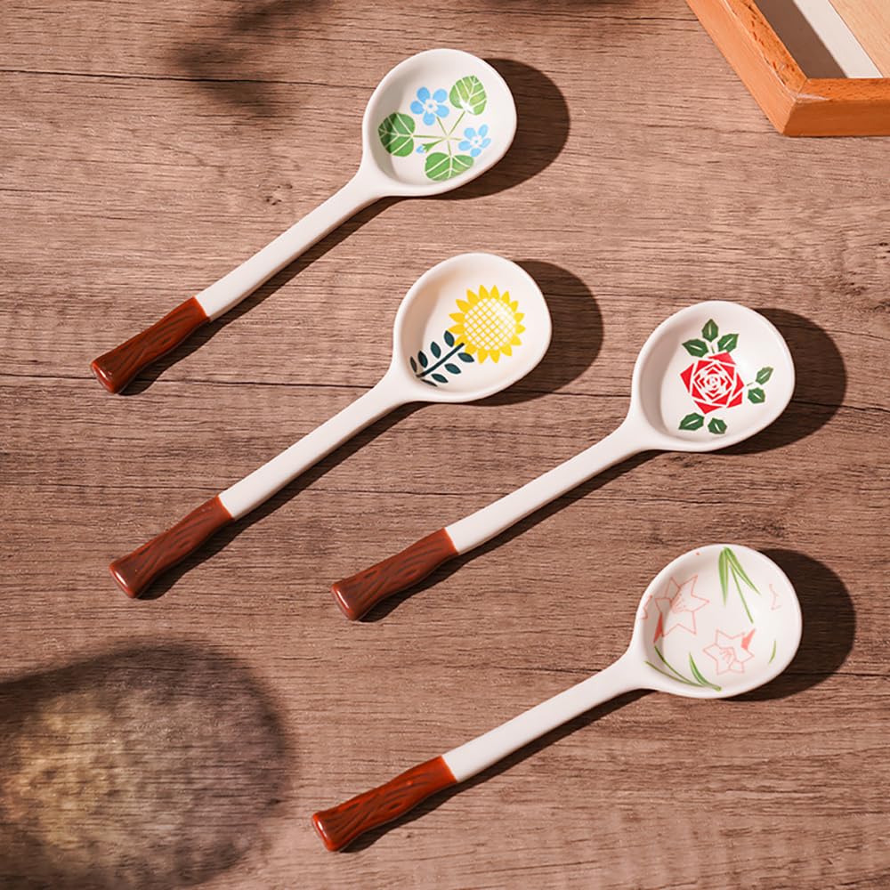 FYUEROPA Ceramic Soup Spoons Set Asian Spoons Chinese Japanese Tablespoon for Ramen Pho Wonton Dumplings Miso - Set of 4