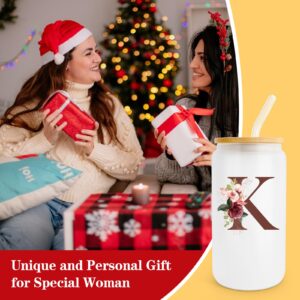 Birthday Gifts for Women, Personalized Gifts for Women, Monogrammed Initial Glass Cup - 16oz Glass Cups with Lids and Straws, Iced Coffee Cup, Beer Can Shaped Glass - Personalized Christmas Gifts K