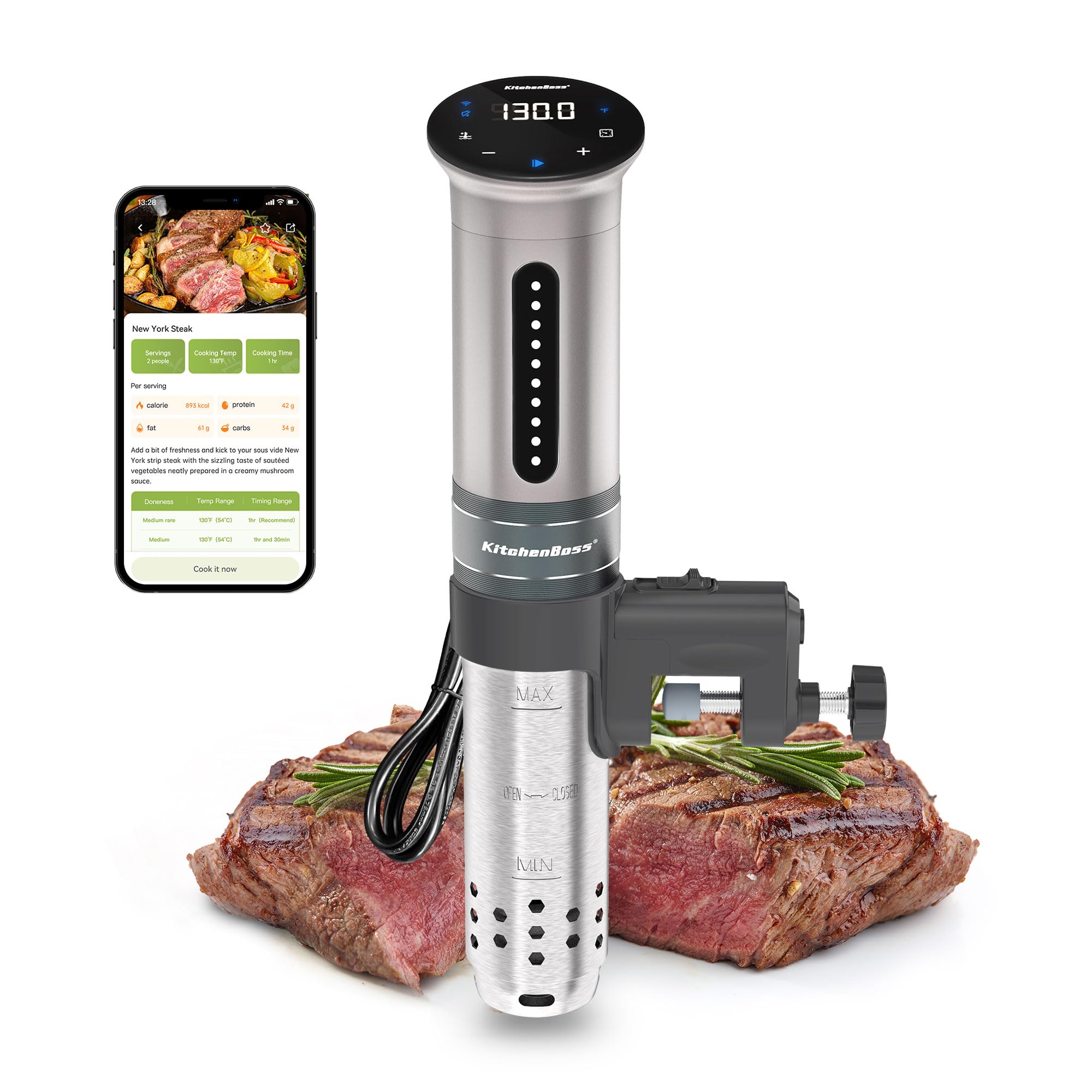 KitchenBoss Wifi Sous Vide Machine: Ultra-quiet Sous-vide Immersion Circulator Cooking Machine APP Control 1100W, IPX7 Waterproof Precision Cooker Accurate Temperature Digital Display, Silver (G310PS)