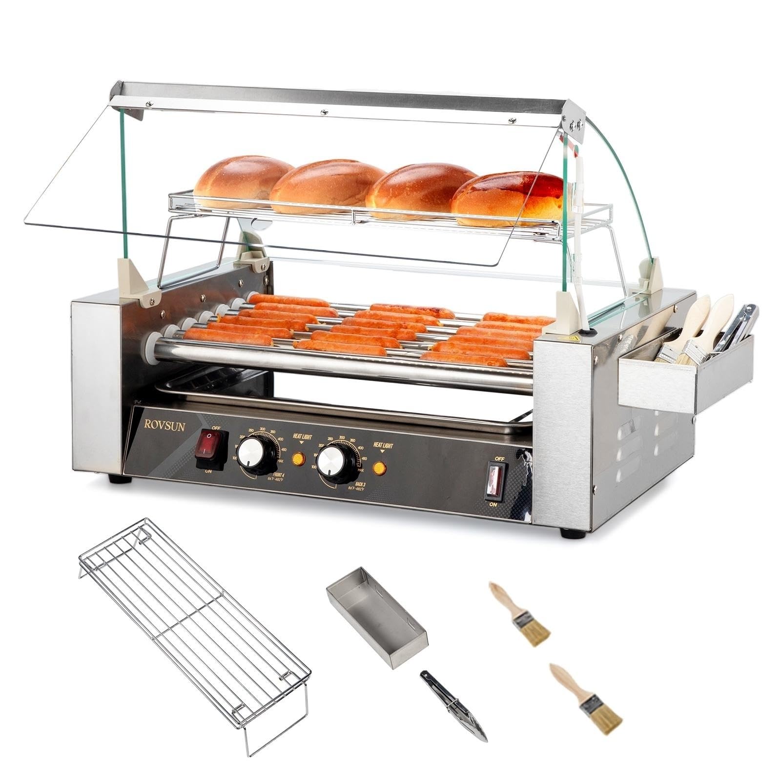 ROVSUN Hot Dog Roller ETL Certified, 18 Hot Dog 7 Rollers Sausage Grill Cooker Machine w/Dual Temp Control, Cover, LED Lighting, Removable Shelf & Drip Tray for Party Home Commercial 1050W