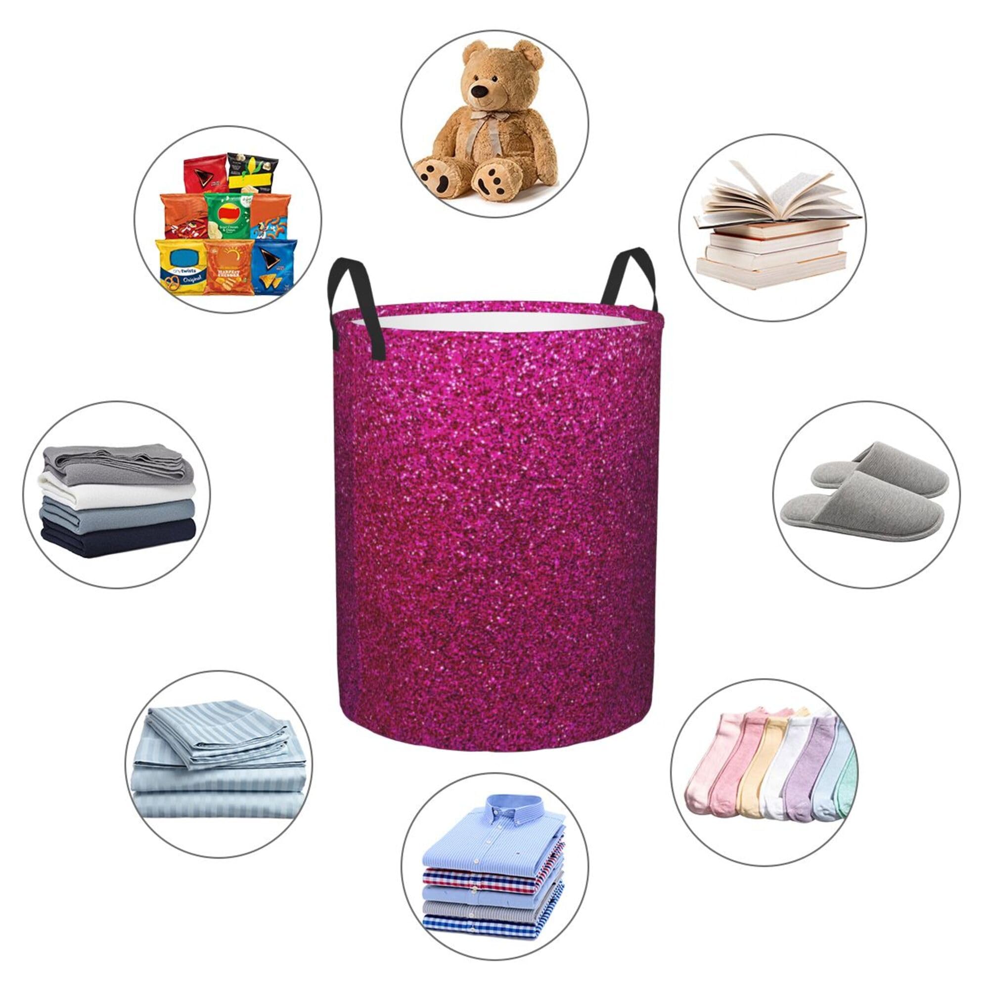 Large Laundry Hamper Bag, Collapsible Laundry Basket Faux Hot Pink Glitter Sparkle Dirty Clothes Storage Washing Bin for Bathroom, Dorm Essentials