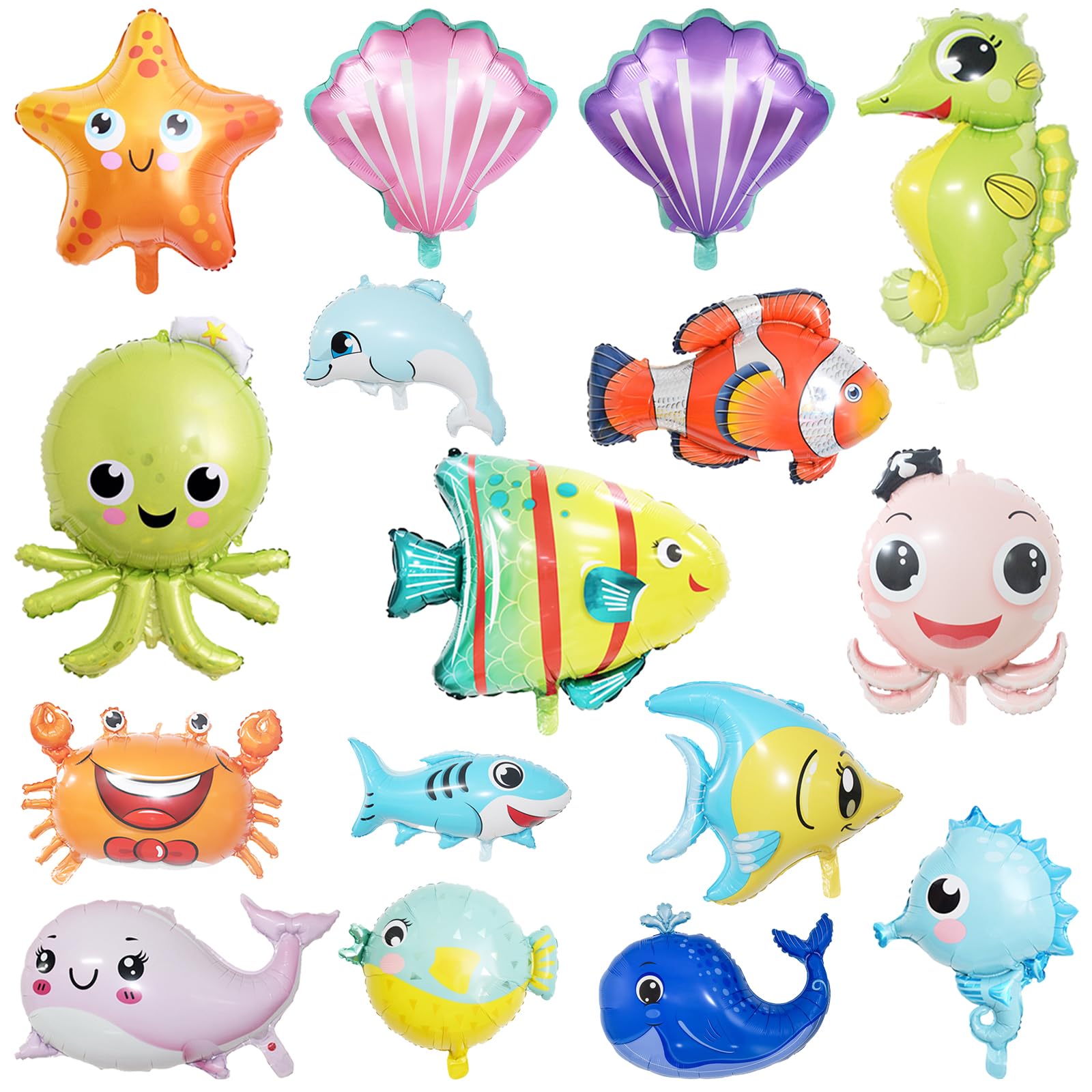 16Pcs Under the Sea Party Decorations, KUAOOAUK Large Ocean Themed Party Decorations, Starfish Seahorse Shark Crab Foil Balloons, Sea Animal Balloons for Kids Baby Shower Birthday Party