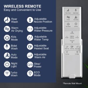 ZMJH Elongated Bidet Toilet Seat, Electric Smart Heated Seat with Slow Closes, Warm Water, Vortex Wash, Warm Dryer, Rear and Front Wash, Remote Control, White, 210S