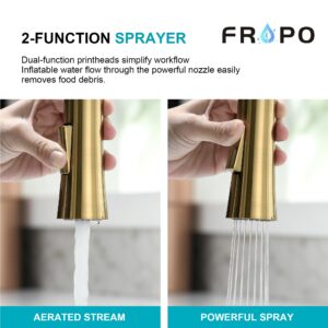 FROPO Brushed Gold Kitchen Faucet, Single Handle Gold Kitchen Sink Faucet with Pull Down Sprayer Modern Stainless Steel Brass Kitchen Faucet with Deck Plate Power Clean Spray Head 1 or 3 Hole